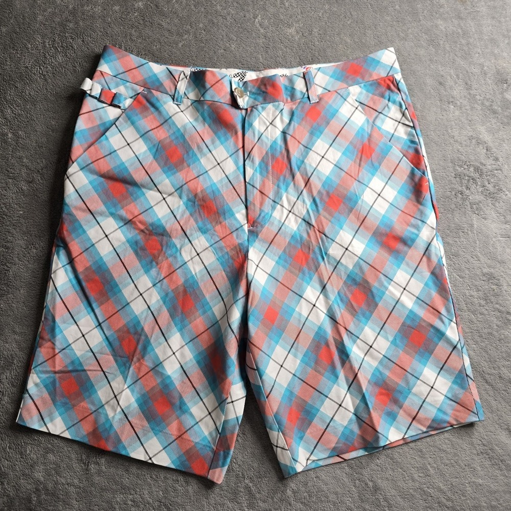 Royal and Awesome Golf Shorts Mens 38 Blue Multicolor Plaid Tee Holder Pockets